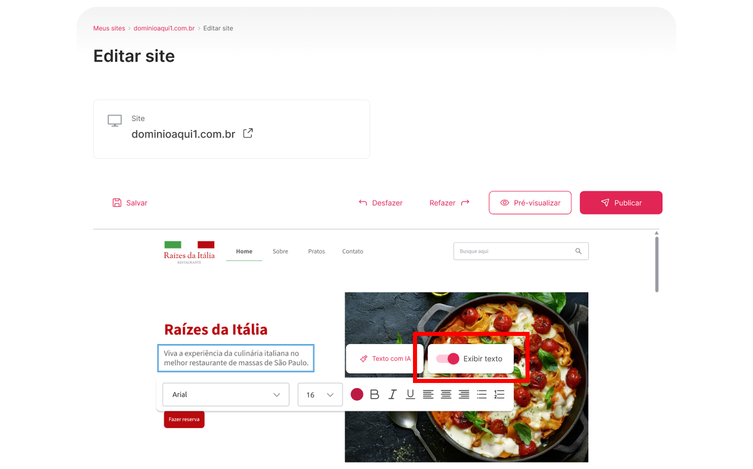 [Alt text: Imagem da barra de ferramentas que aparece logo abaixo do campo selecionado. No lado direito da barra, o botão de exibir texto está em destaque.